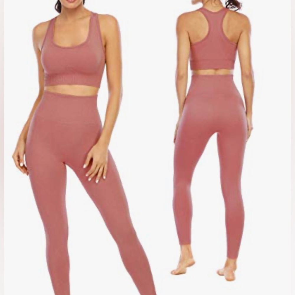 Yoga leggings pants crop top nude pink fitness gym workout set outfit cardio nwt - Picture 1 of 4
